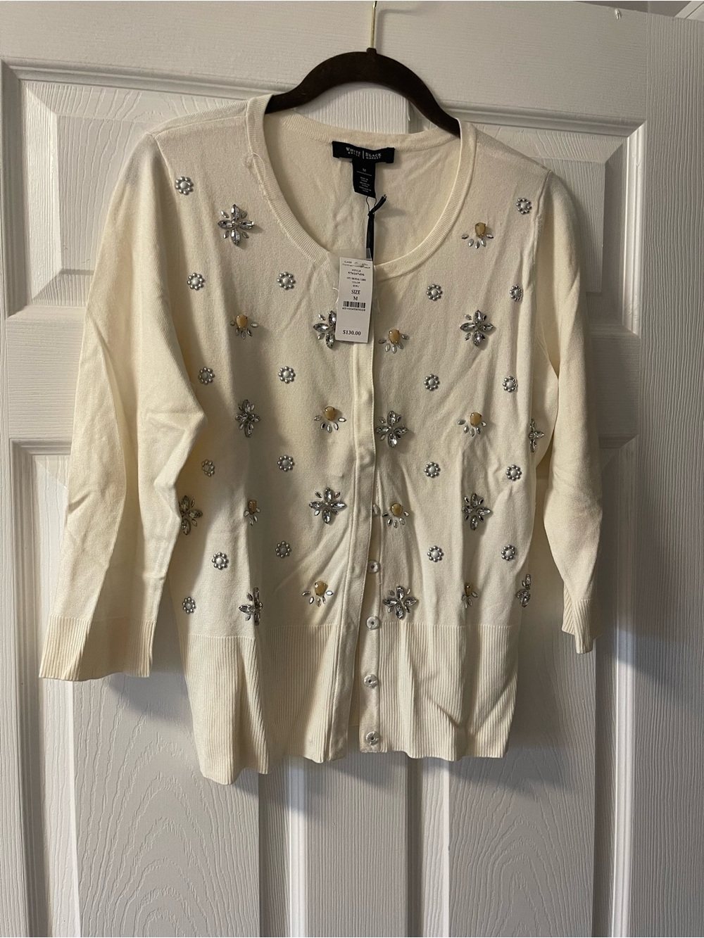 White House Black Market Cream Jeweled Floral Cardigan